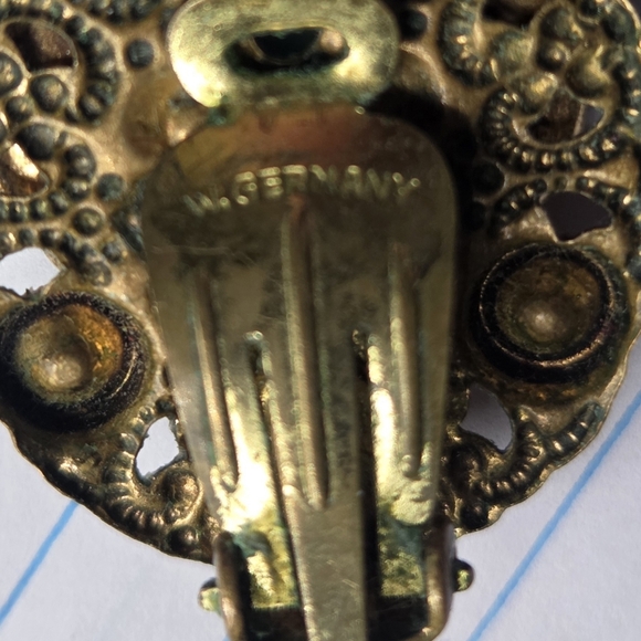 VTG West Germany Earrings Porcelain Floral Rhinestone Gold Tone Filagree Clip-On - Picture 3 of 5